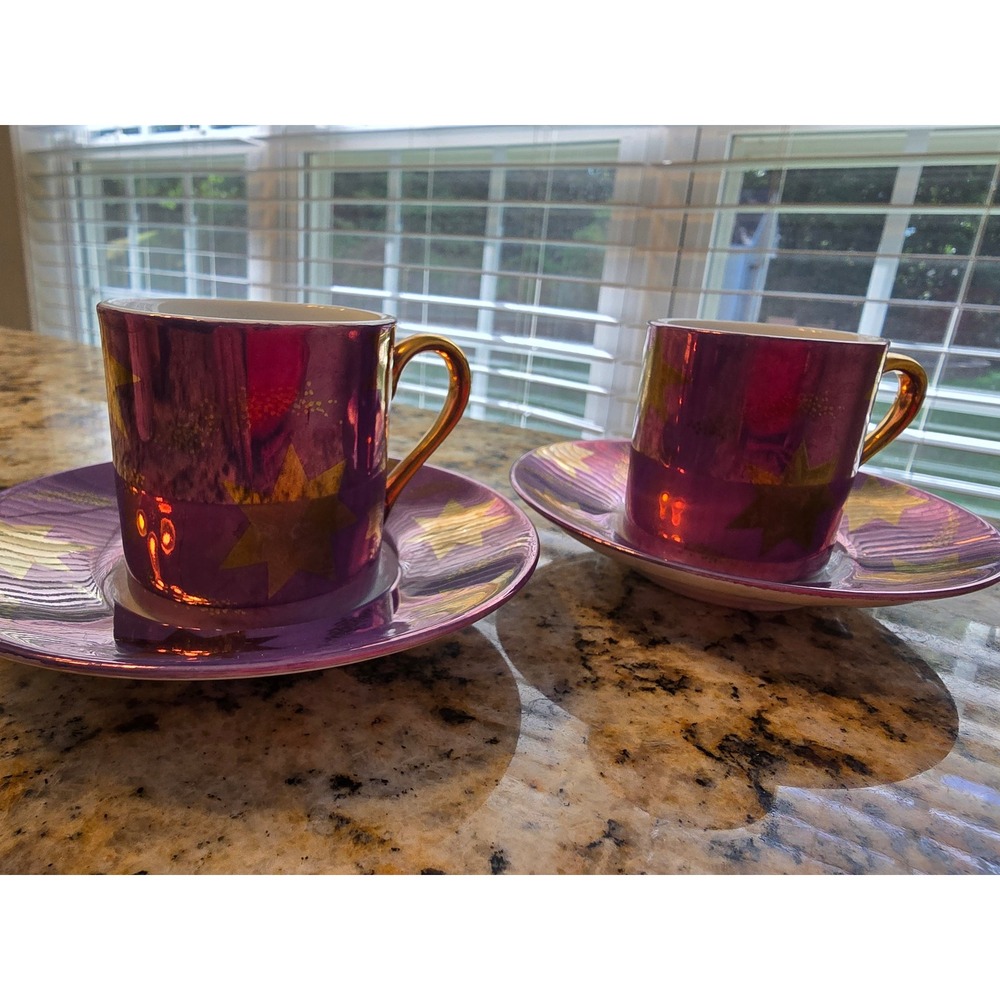 Vintage 1993 R.H. Macy & Co Purple Luster Gold Star Espresso Cup Saucer Set of 2